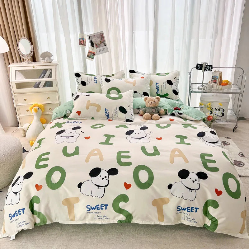Afralia™ Letter Happy Little Dog Print Bedding Set for Single Double Bed, 3/4Pcs