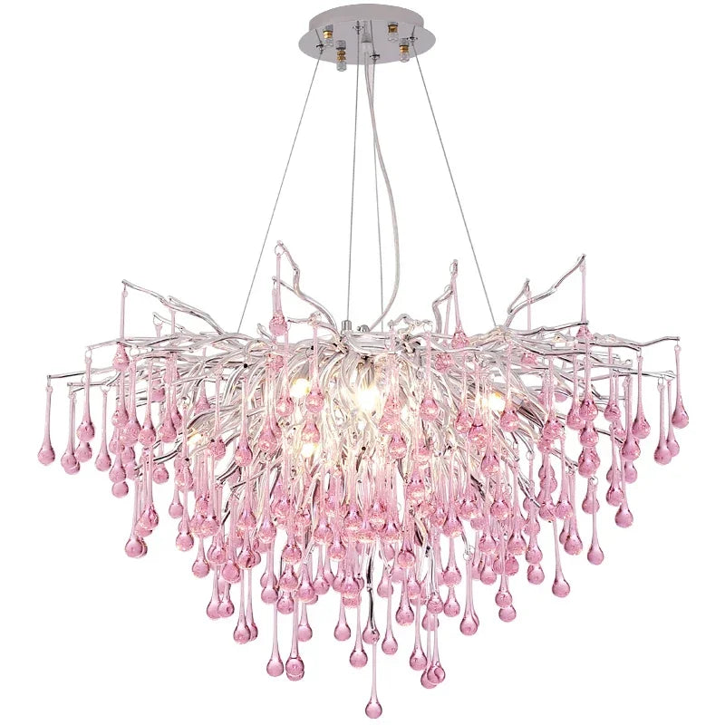 Afralia™ Pink Crystal Chandelier Chrome Ceiling Living Room Light Luxury Chandelier