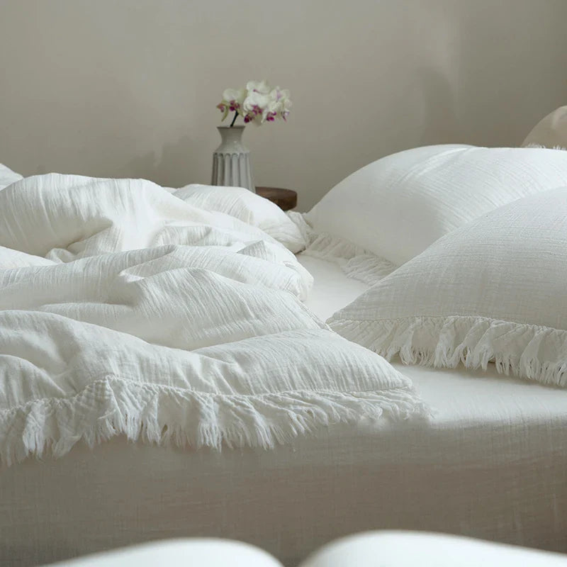 Afralia™ Soft Cotton Tassel Ruffles Bedding Set with Duvet Cover, Sheet & Pillowcases