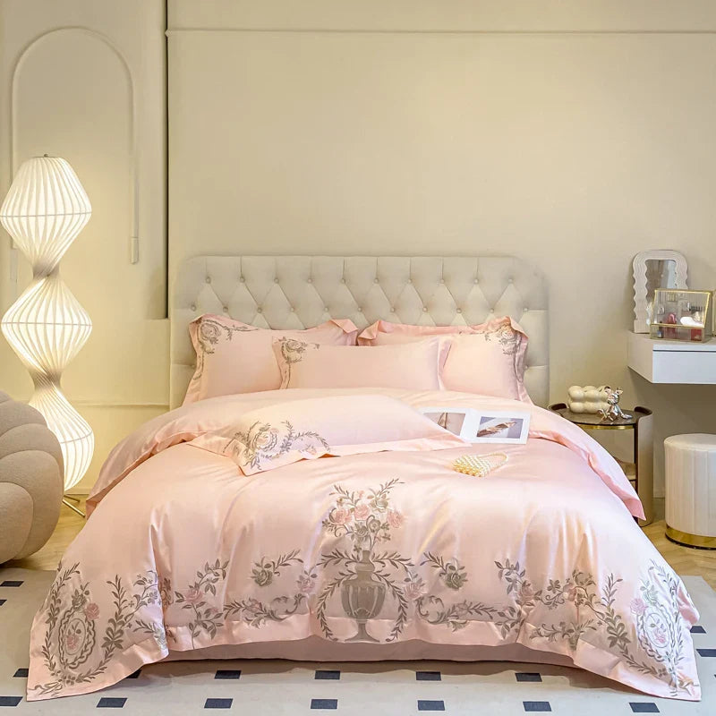 Afralia™ Luxury Gold Flowers Embroidery Cotton Bedding Set