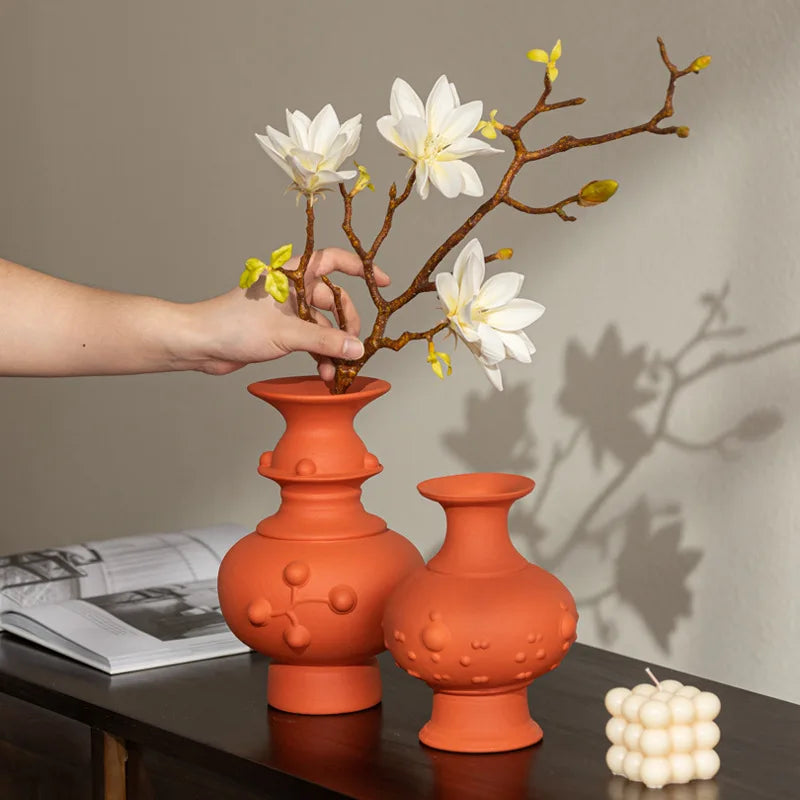 Afralia™ Chinese-style Retro Ceramic Vase, Handmade Relief Pot Flower Vase for Home Decor
