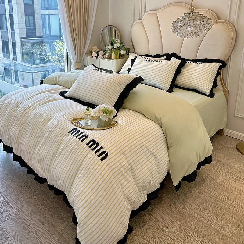 Afralia™ Ruffles Striped Bedding Set for Full Bed - Double-sided Skin-friendly Summer Linens