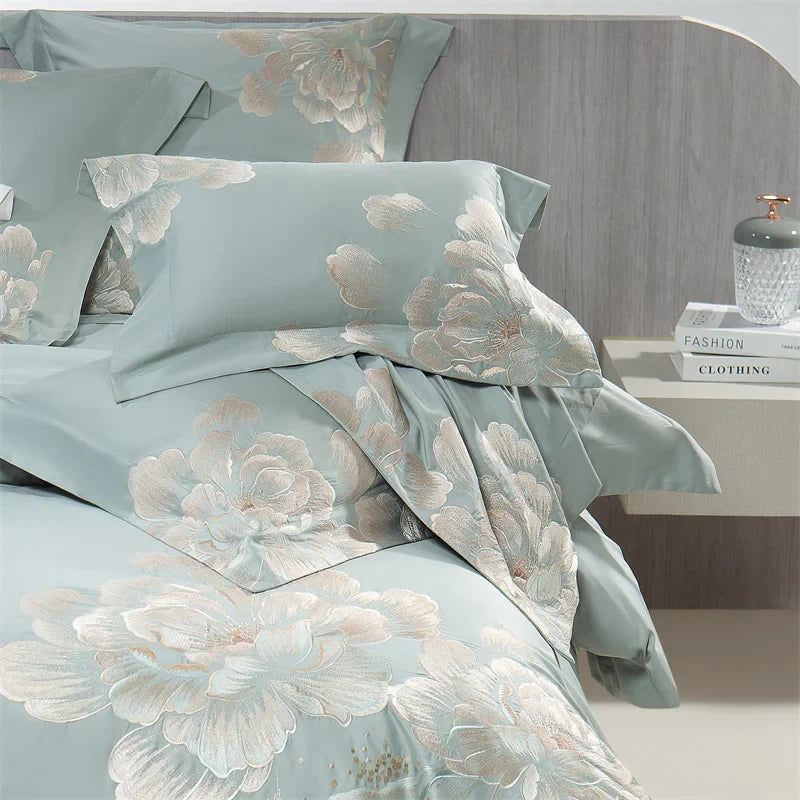 Afralia™ Luxury Flowers Embroidery Egyptian Cotton Bedding Set with 1400TC Quality
