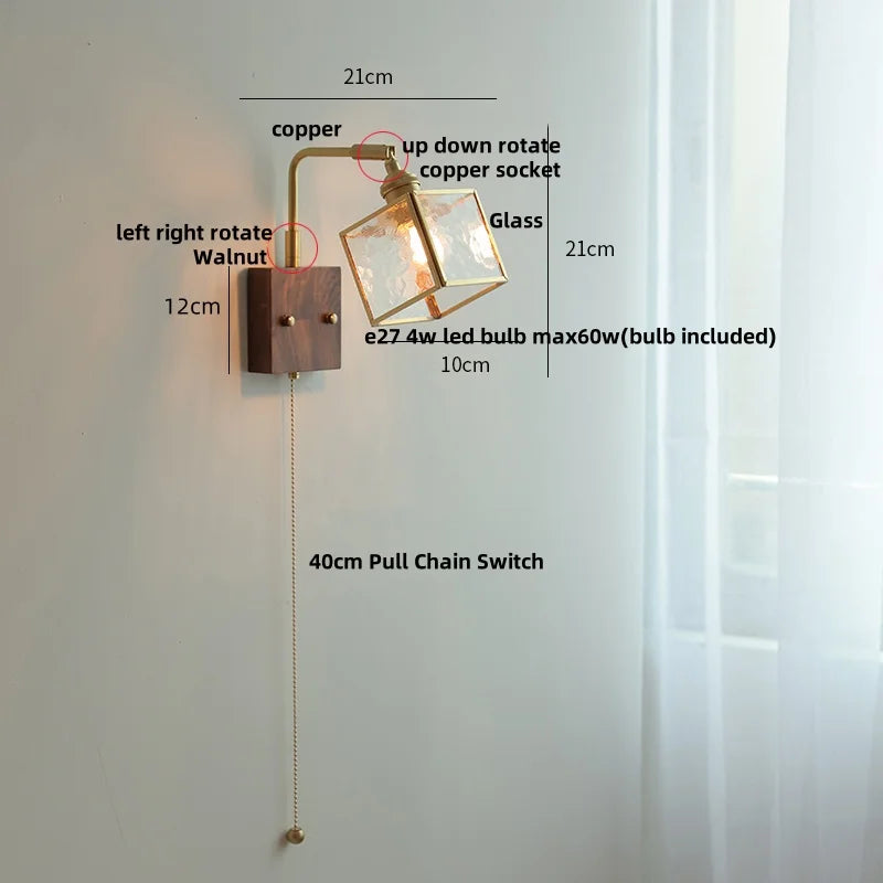 Afralia™ Walnut LED Wall Lights Pull Chain Switch Bedside Lamp Vintage Cube Glass Stair Light