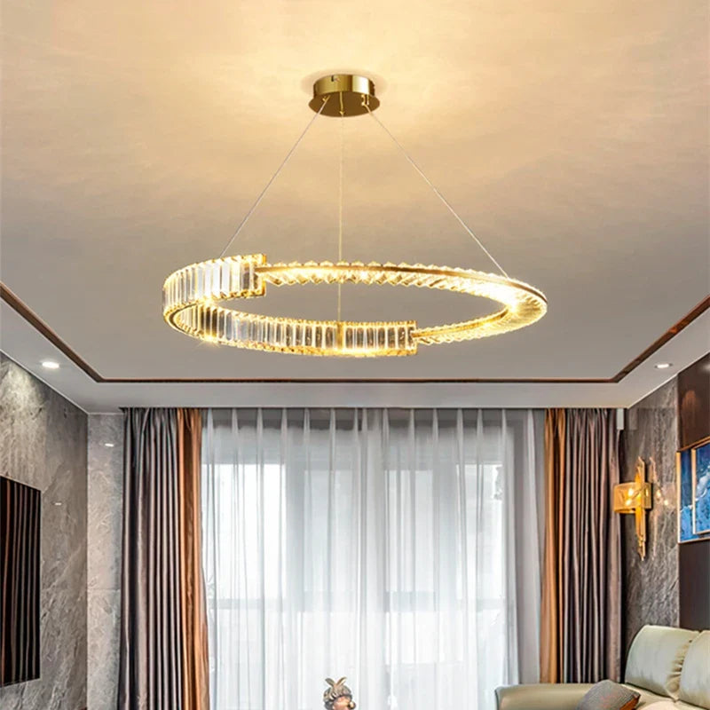 Afralia™ Round K9 Crystal LED Chandelier for Home Living Room Bedroom Kitchen Hotel - Iron Lustre