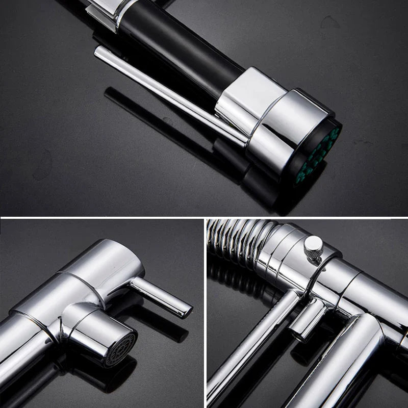Afralia™ Spring Kitchen Faucet Chrome Black Dual Spouts Mixer 360 Rotation