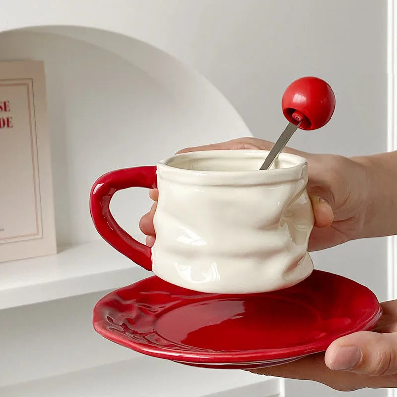 Afralia™ Pleated Paper Ceramic Cup&saucer Set - Elegant Dining Coffee Mug Tea Cup Juice Container