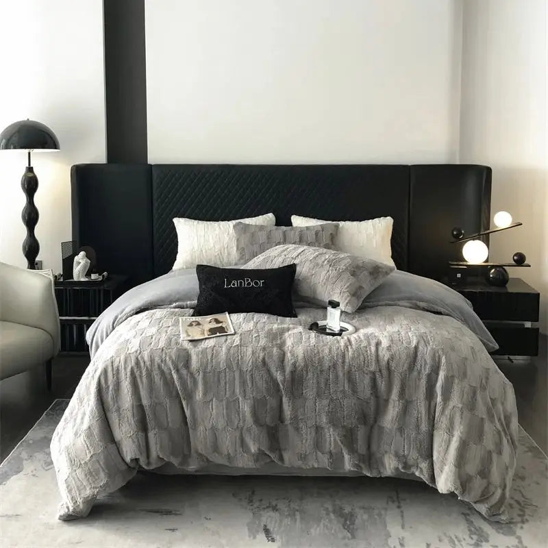 Afralia™ Cozy Faux Rabbit Fur Bedding Set in Black & Grey: Duvet, Sheets, Pillowcases