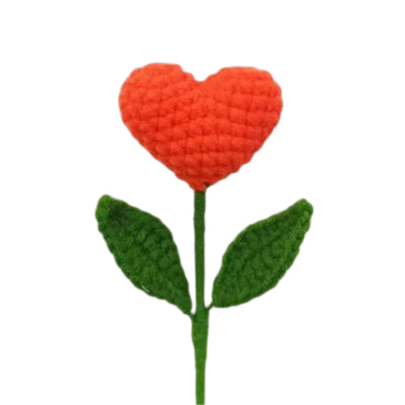 Afralia™ Hand Woven Love Heart Yarn Crochet Flower Bouquet with Green Leafy Branch