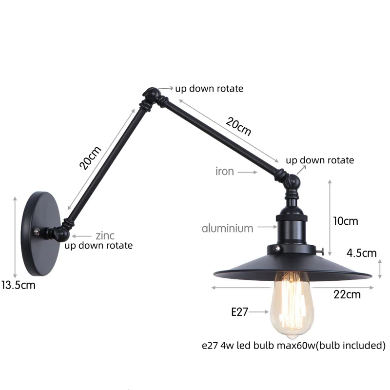 Afralia™ Black Iron LED Wall Light Fixture Industrial Vintage Adjustable Long Arm