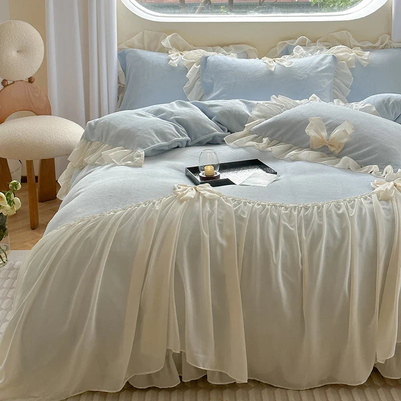 Afralia™ French Princess Lace Ruffles Bedding Set with Velvet Duvet Cover