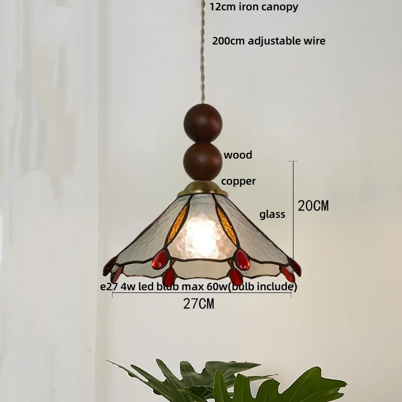 Afralia™ Tiffany Wood Globe LED Pendant Lamp for Kitchen Cafe Reading, Gold Copper Blue Glass