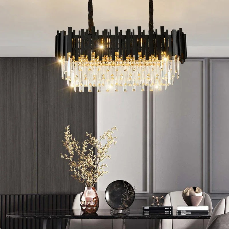 Afralia™ Oval LED Crystal Chandelier: Modern Black Pendant Light for Living Room, Bedroom, Dining Room