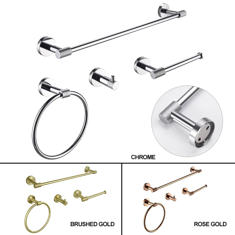 Afralia™ Bathroom Accessories Set: Rose Gold Chrome Hook, Brushed Gold Towel Rack, Stainless Steel Toilet Paper Holder