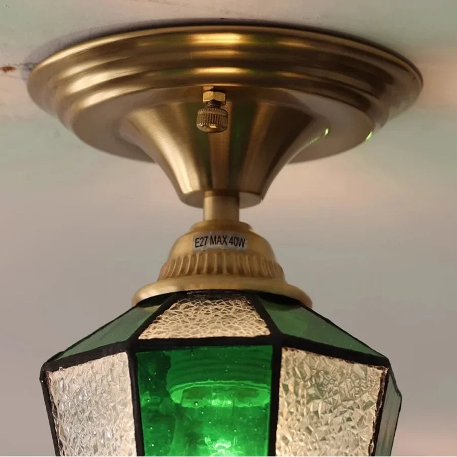 Afralia™ Handcrafted Glass Copper Canopy Ceiling Light Tiffany Style Glass Vintage Loft