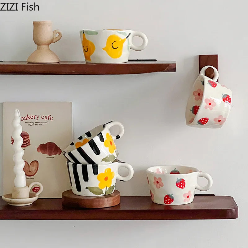 Afralia™ Cartoon Pattern Ceramic Mug Set for Happy Dining and Tea Time