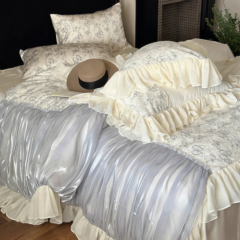 Afralia™ Romantic Ruffles Butterfly Lace Patchwork Bedding Set with 1000TC Egyptian Cotton