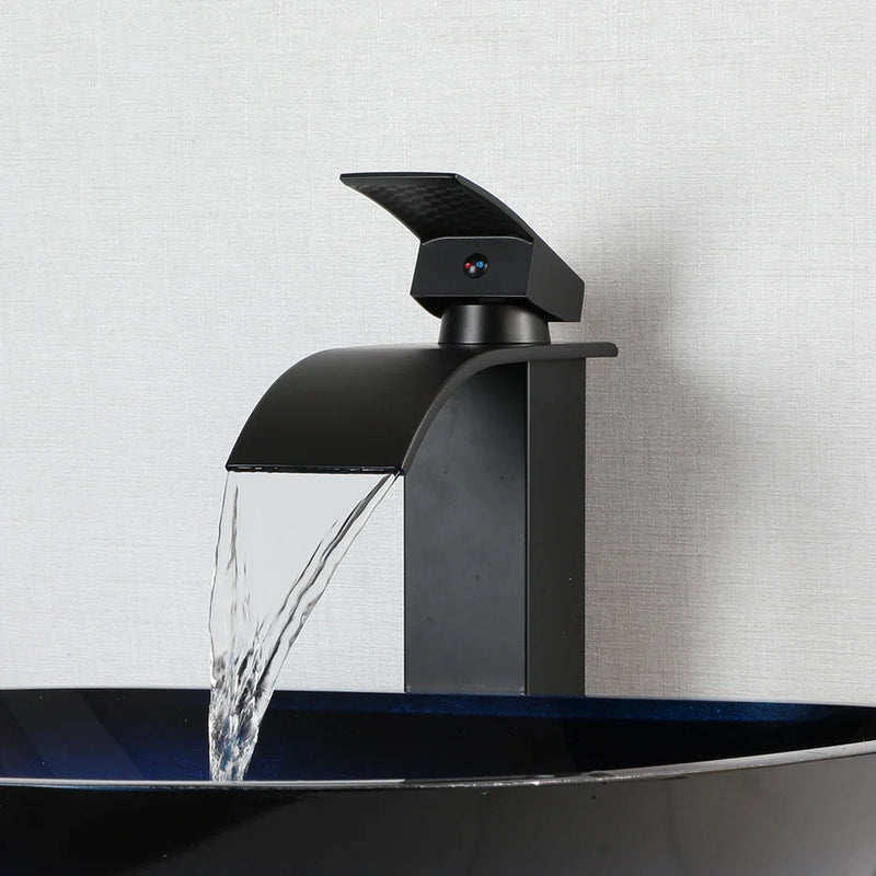 Afralia™ Gradient Blue Glass Basin Faucet Set with Waterfall Mixer Taps