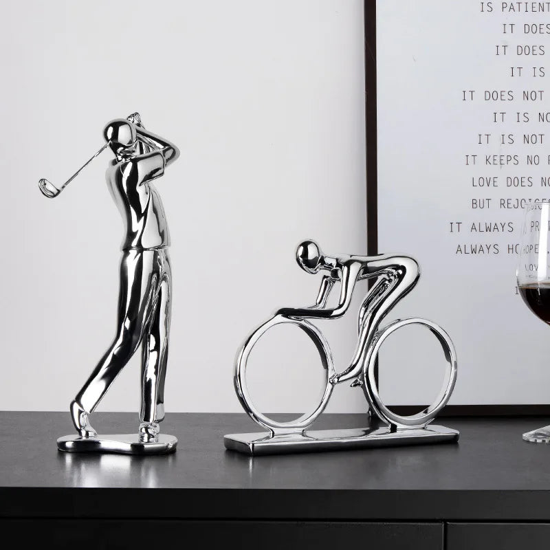 Afralia™ Silver Nordic Cyclist Statue Abstract Ceramic Bike Figurine Office Decor
