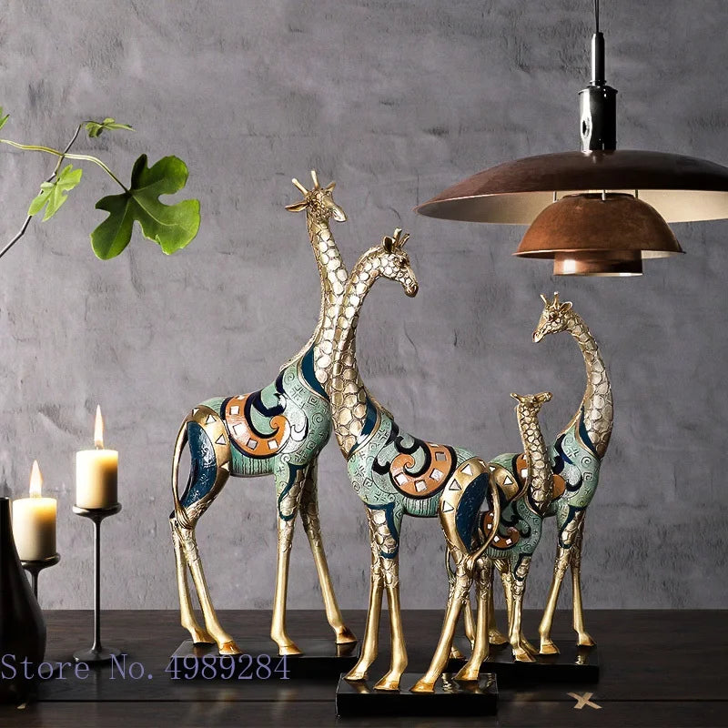 Afralia™ Giraffe Mother and Child Painted Sculpture - Modern Home Decoration Golden Ornament