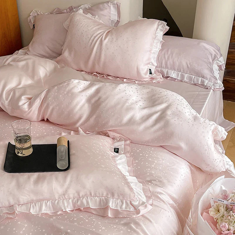 Afralia™ Pink Lyocell Silky Princess Bedding Set with Ruffles and Jacquard Design