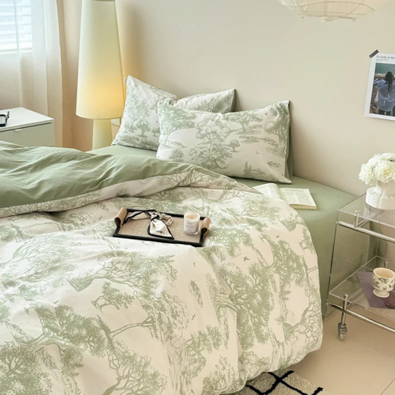 Afralia™ Forest Plant Ink Print Cotton Bedding Set: Duvet, Sheet, Pillowcases - Single to King