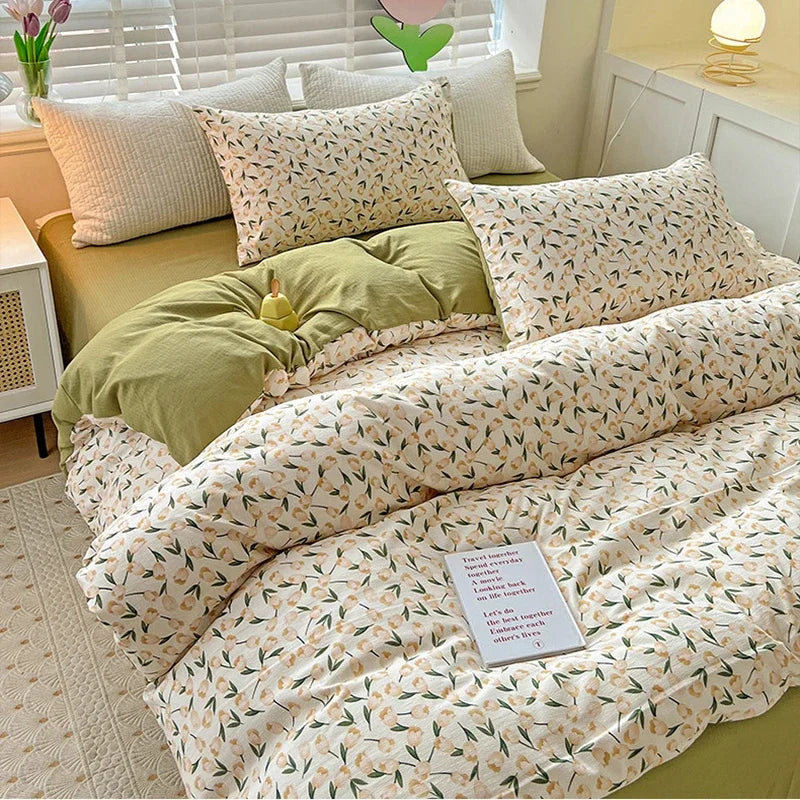 Afralia™ Flower Print Bedding Set 200X230Cm Soft Cotton Duvet Cover Set