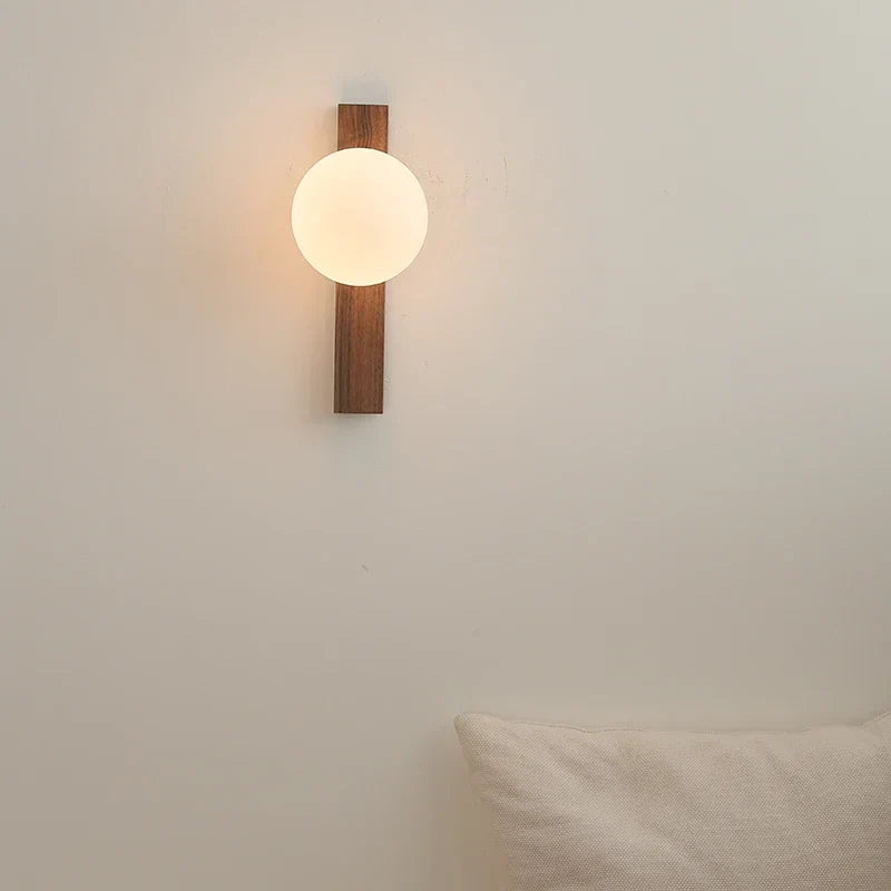 Afralia™ Walnut Wood and Glass Sphere Wall Sconce, Wabi-sabi Modern Style