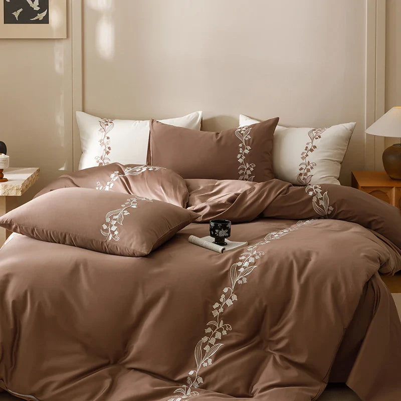 Afralia™ Elegant Lily of the Valley Embroidery Brown Cotton Bedding Set