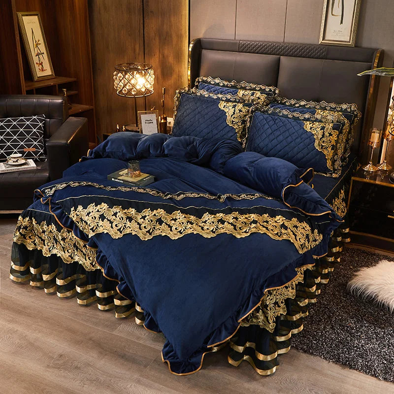 Afralia™ Black Gold Lace Duvet Set, Luxury Crystal Velvet, Quilted Embroidery, Ruffle Bedding