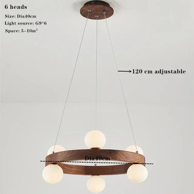 Afralia™ Round Glass Walnut Chandelier Solid Wood Pendant Light for Living Dining Bedroom
