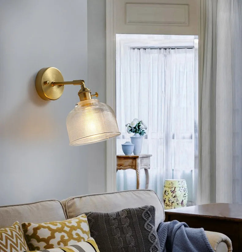 Afralia™ Clear Brass Glass LED Wall Lamp Pull Chain for Living Room Bedroom Loft