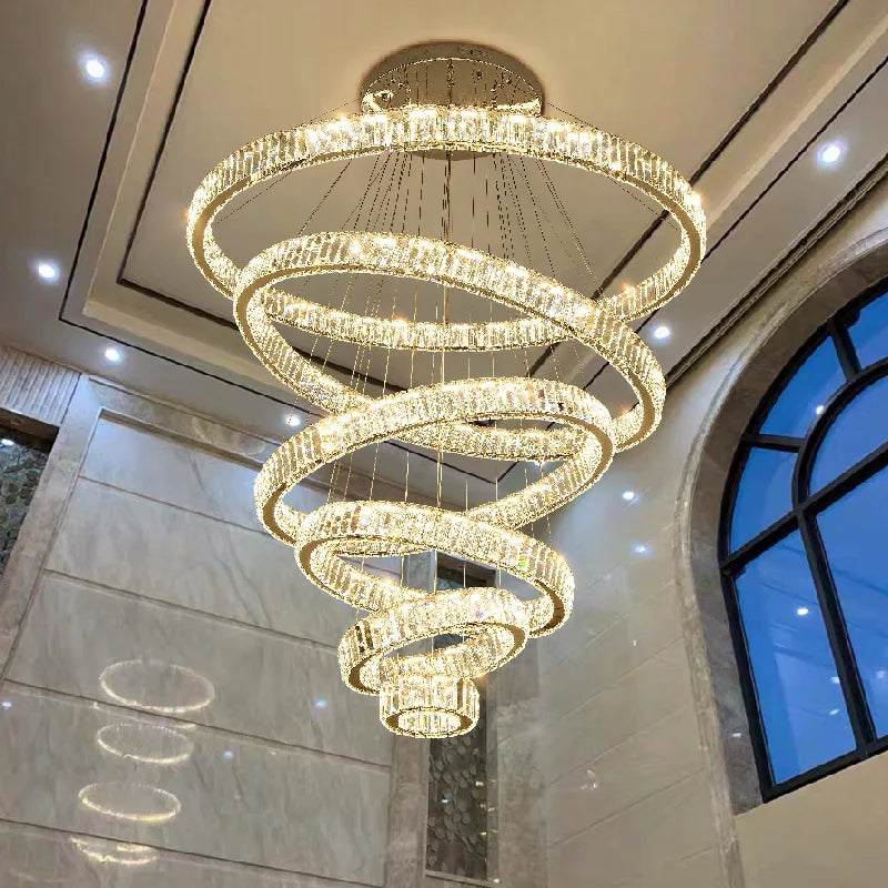 Afralia Crystal Circle LED Chandelier: Dimmable Pendant Lighting for Modern Stairs