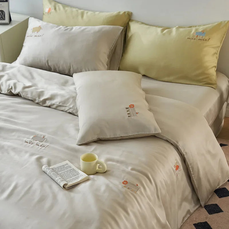 Afralia™ Cartoon Embroidery Comforter Set with Silky Cooling Touch Fitted Sheet - Luxury Rayon Bedding Set