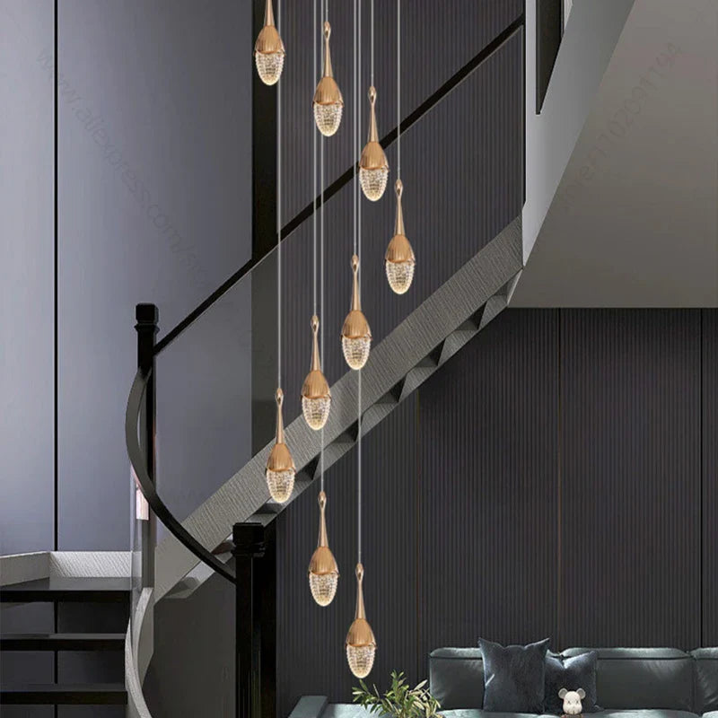 Afralia™ Gold LED Staircase Chandelier: Elegant Luxury Large Pendant Lamp for Living Room