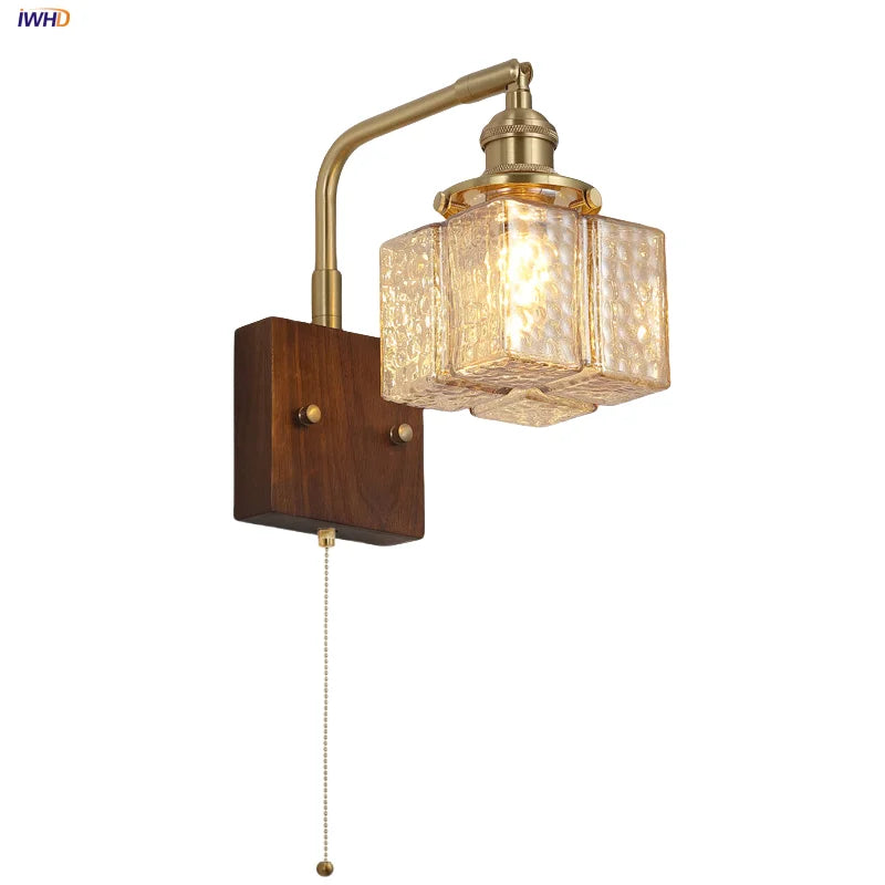 Afralia™ Amber Glass LED Wall Sconce with Walnut Wood, Pull Chain Switch for Living Room