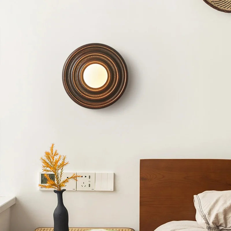 Afralia™ Round Wood Wall Lamp: Dark Ash LED Sconce for Living Room Decor & Bedside Lighting