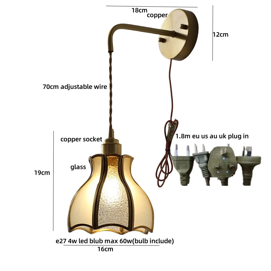 Afralia™ Tiffany Glass LED Wall Sconce with Copper Socket and Pull Chain Switch
