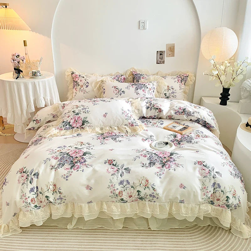 Afralia™ Vintage Rose Floral Double Layer Lace Ruffles 100% Cotton Bedding Set