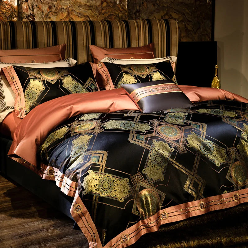 Afralia™ Luxury Black Gold Brocade Jacquard Cotton Bedding Set