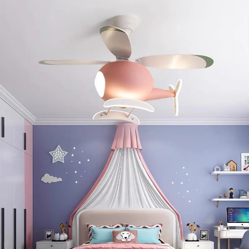 Afralia™ Aircraft LED Chandelier Ceiling Fan Light Remote Dimming Kids Room Bedroom Decor