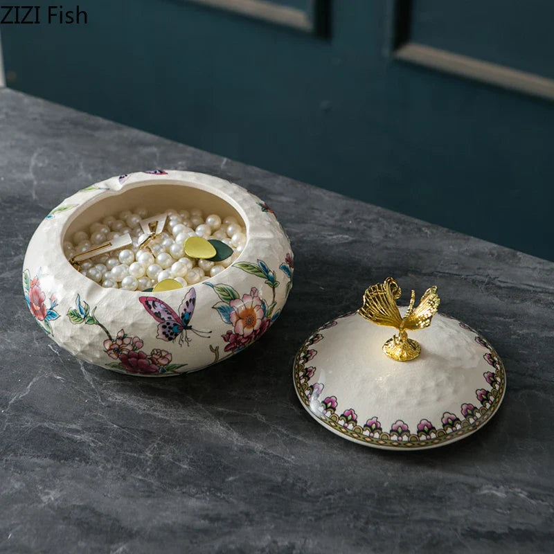 Afralia™ Dragonfly Lid Ceramic Jewelry Box - Round Floral Pattern Storage Jar