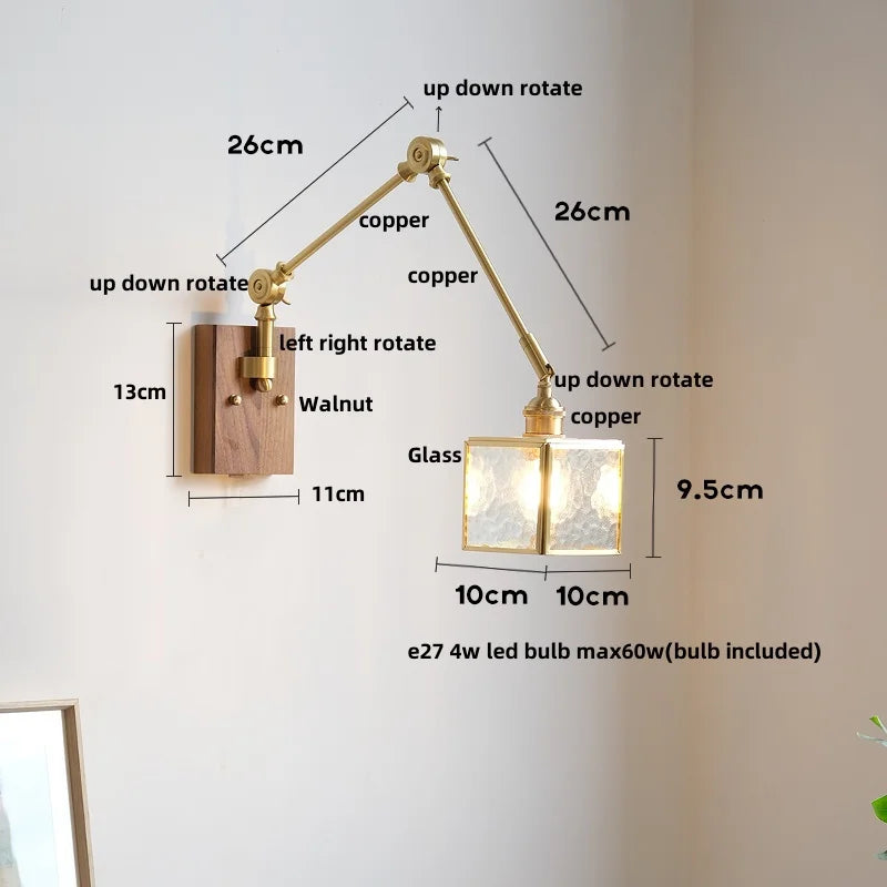 Afralia™ Cube Glass LED Wall Sconce Walnut Wood 2 Arms Rotatable Mirror Light