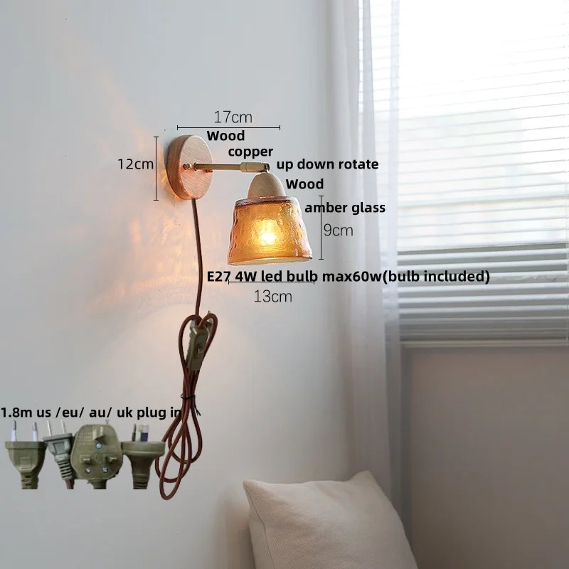 Afralia™ Wood Canopy LED Wall Lights Pull Chain Switch Amber Glass Modern Bedside Sconce