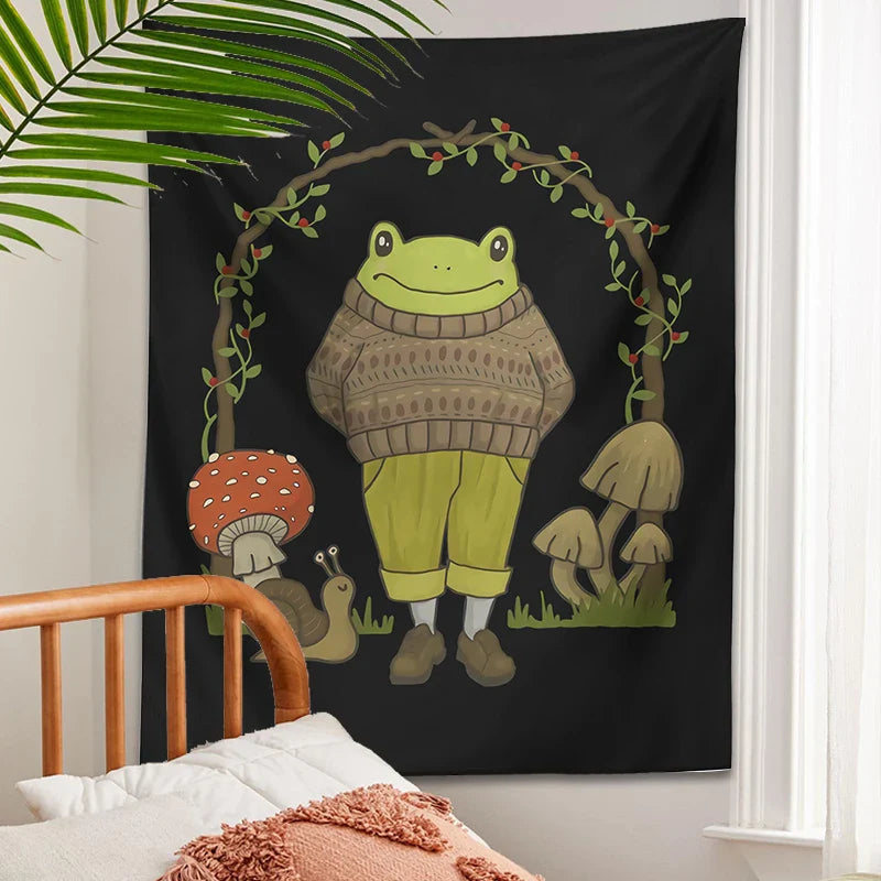 Frog Mushroom Aesthetic Tapestry Wall Hanging for Bedroom by Afralia™