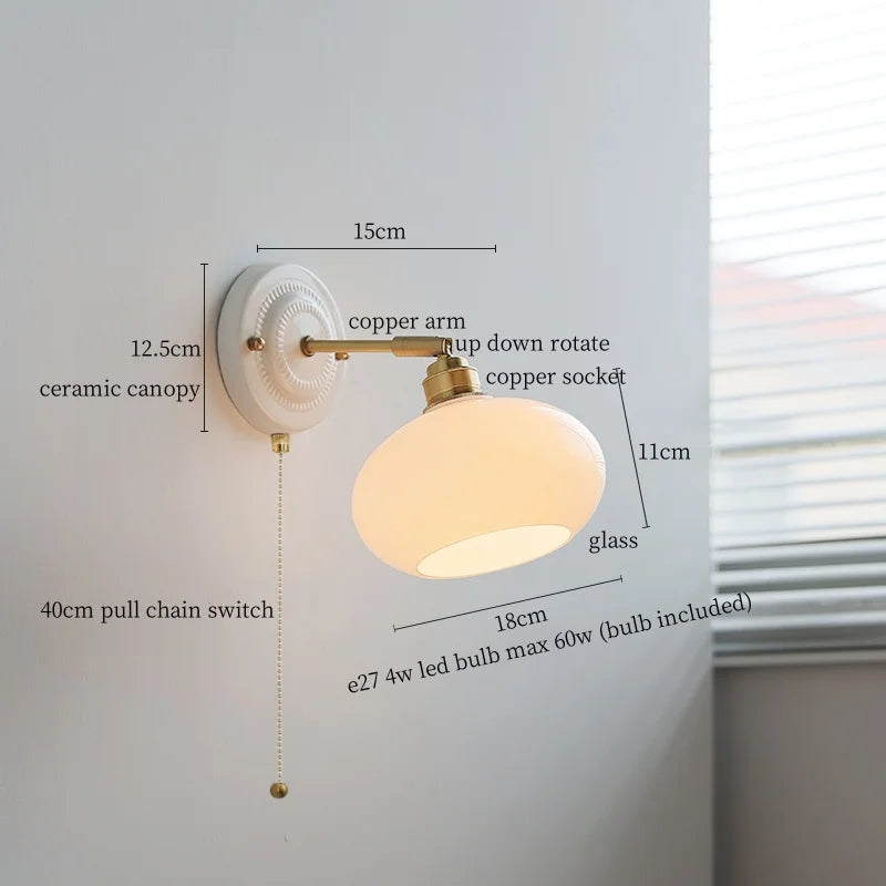 Afralia™ White Glass LED Wall Lights Pull Chain Switch Copper Arm - Bedroom Stair Living Room Mirror Bedside Lamp