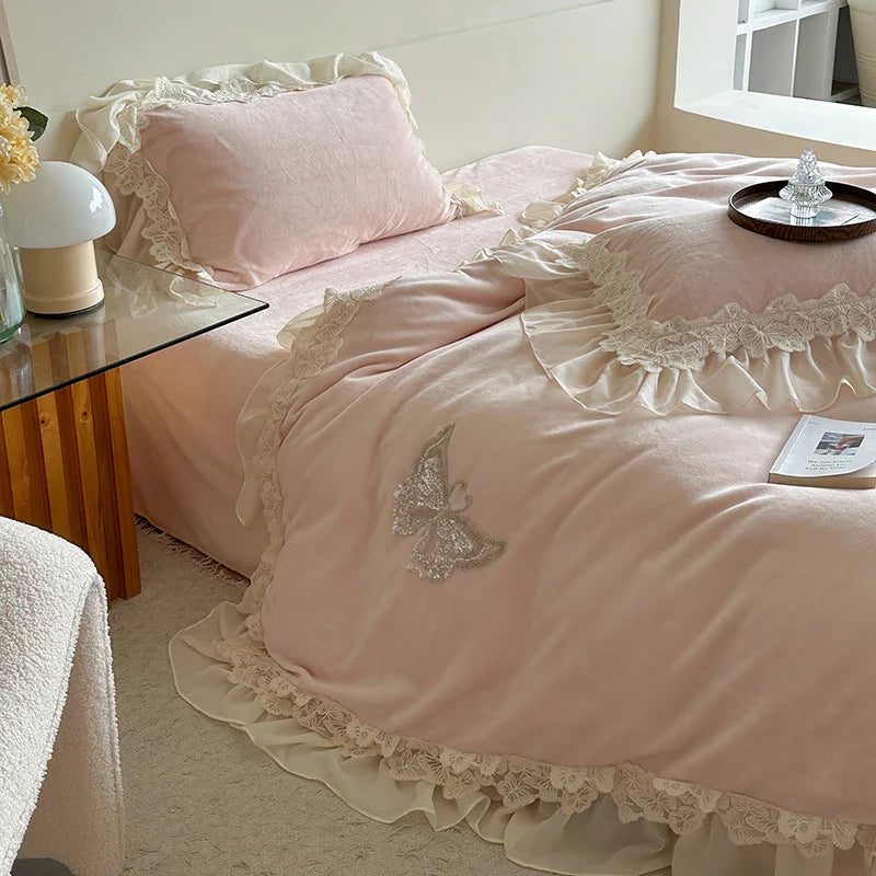 Afralia™ Velvet Fleece Bedding Set with Butterfly Embroidery and French Hollow Lace