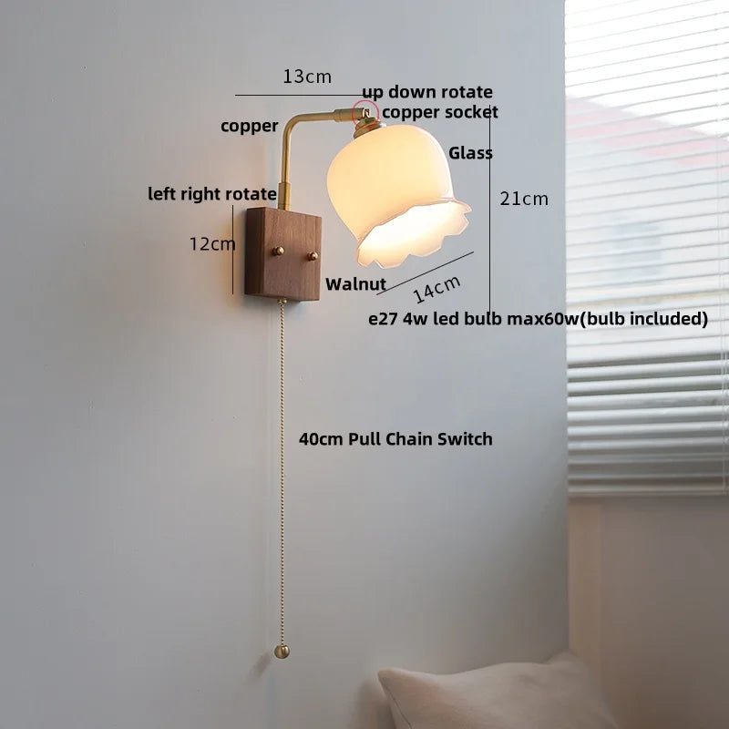 Afralia™ Vintage LED Rotatable Wall Sconce with Pull Chain Switch - Walnut Wood Mirror Light