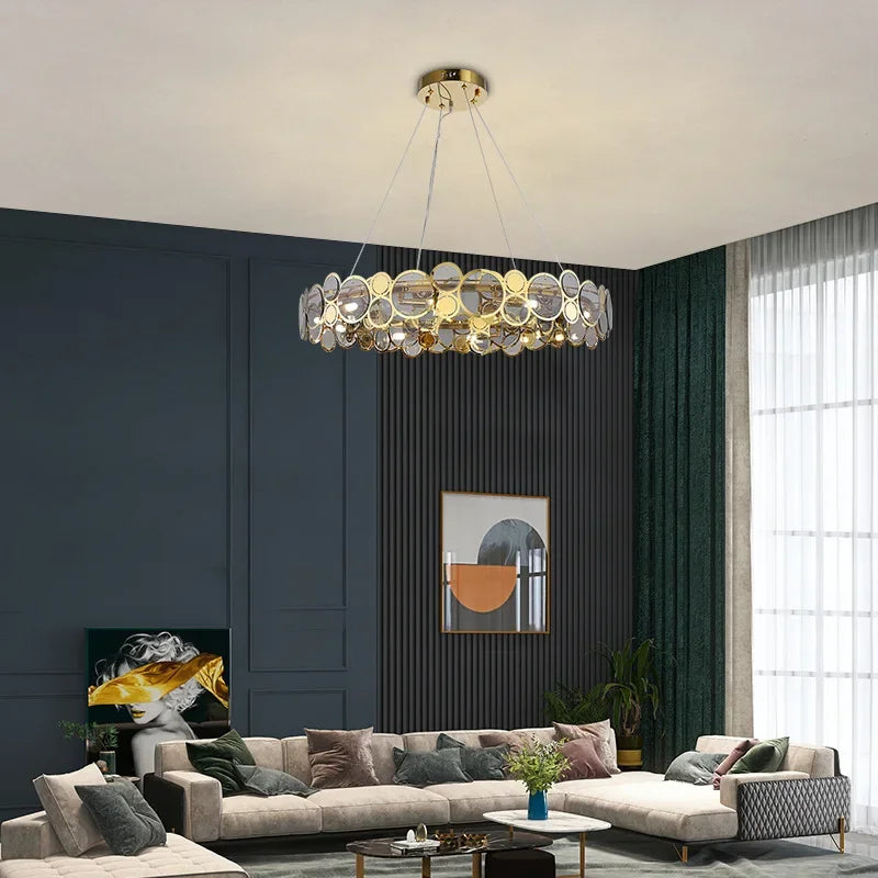 Afralia™ Stainless Steel Glass Ceiling Chandeliers LED Round Pendant Lamps for Dining Living Room