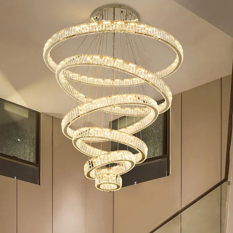 Afralia™ Crystal LED Ring Chandelier - Luxury Villa Stair Pendant Fixture